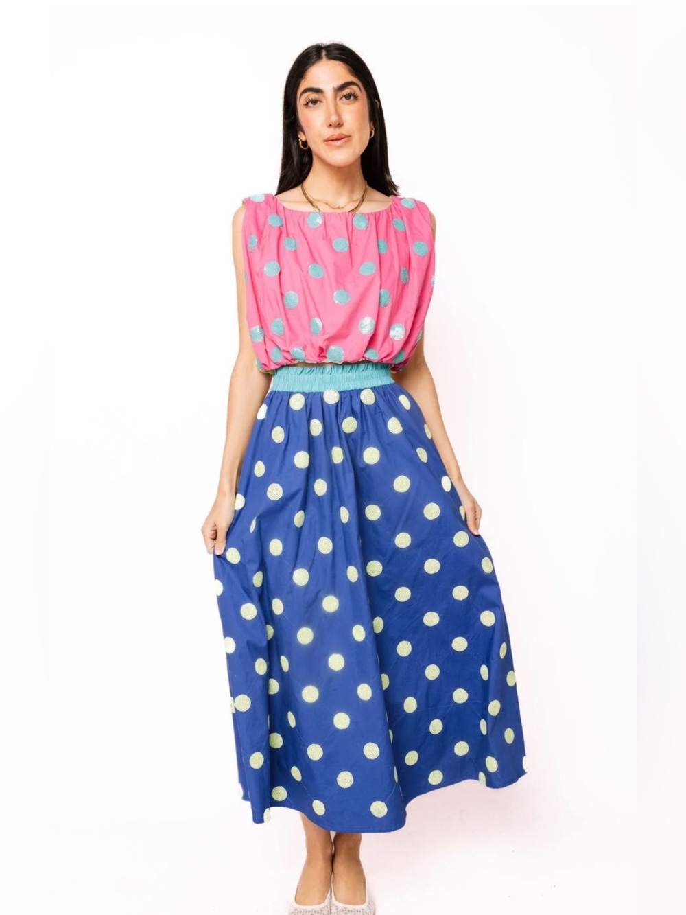 Queen of Sparkles Colorblock Multi Polka Dot Bubble Top and Skirt size Large